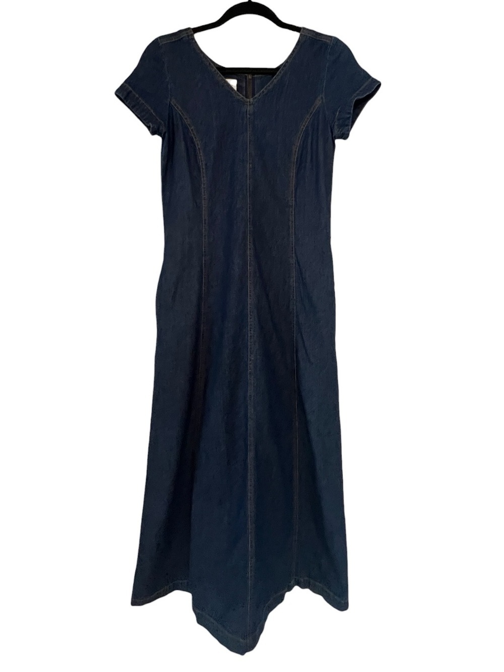 Vintage Laura Ashley 100% Cotton Cottage Dark Blue Denim V-Neck Maxi Dress- 4